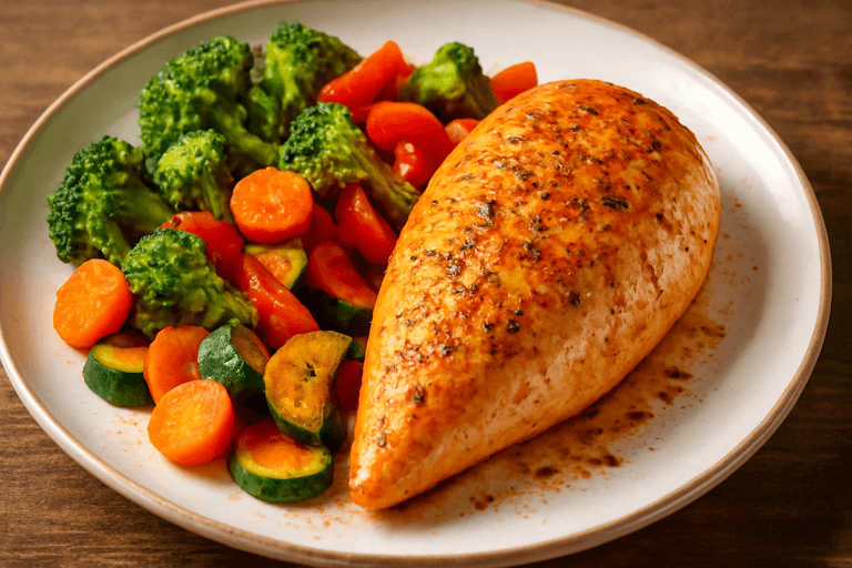 Piept de pui la cuptor cu legume colorate