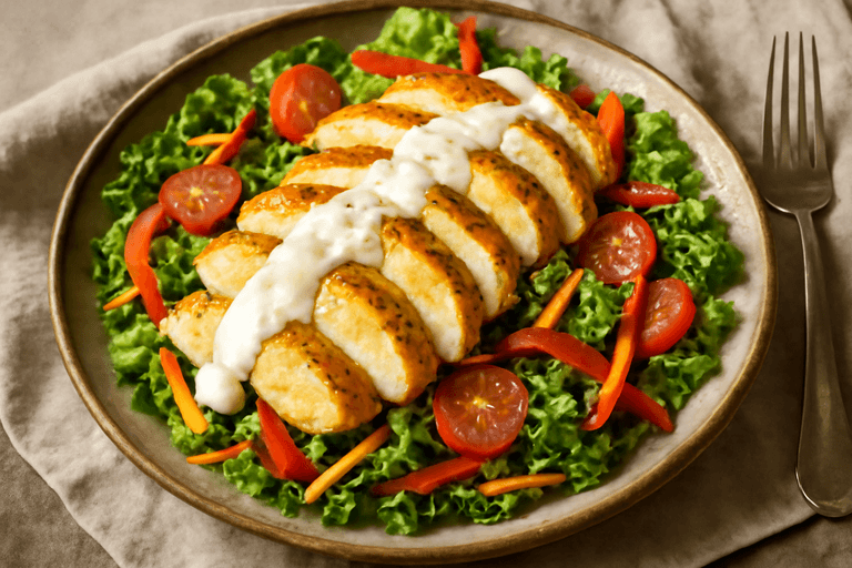 Piept de pui la grătar cu salată verde crocantă și dressing de iaurt