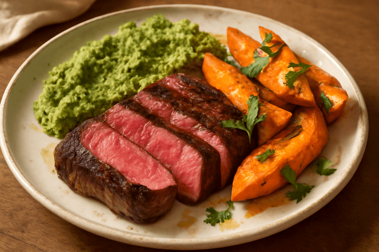 Proteinrik klassisk biff med sötpotatis och broccolimos
