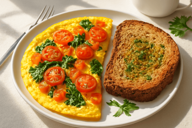 Легкий омлет с овощами и цельнозерновым хлебом