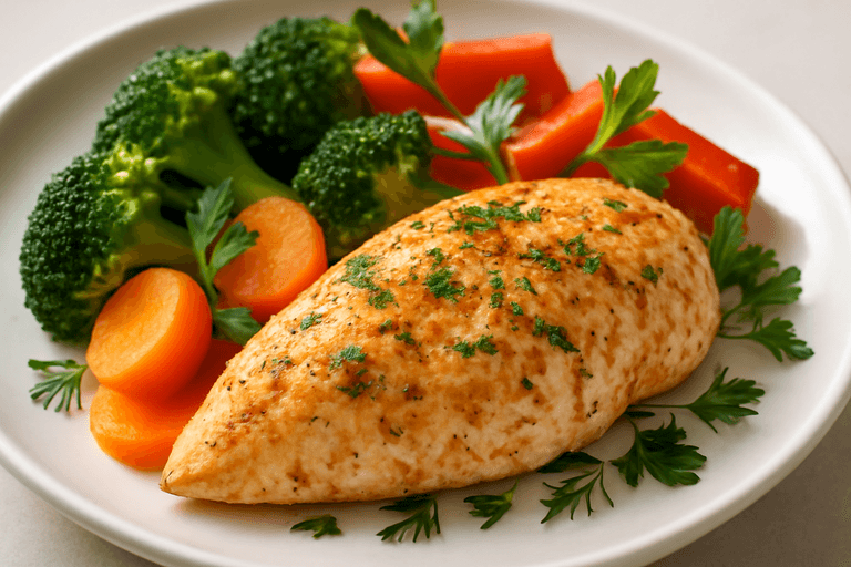 Куриное филе в пряном маринаде с овощами на пару