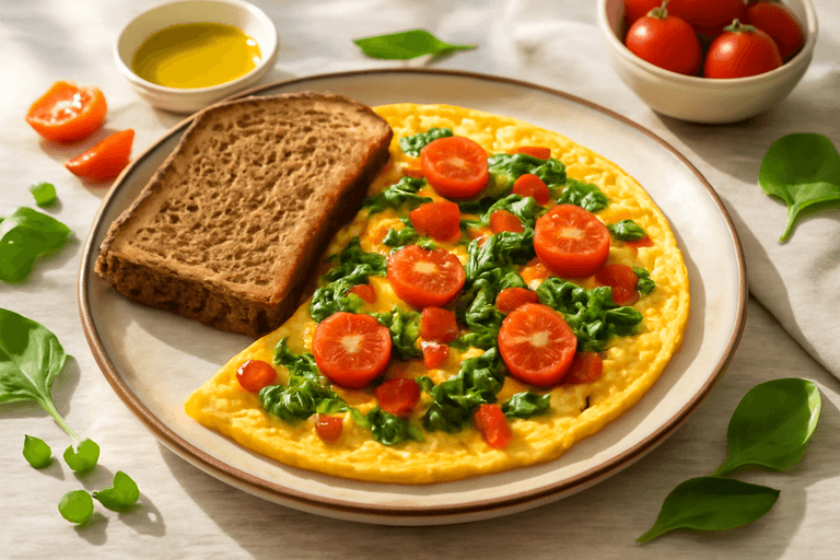 Лёгкий омлет с овощами и цельнозерновым тостом
