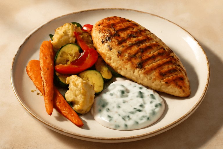 Kycklingfilé med rostade grönsaker och örtig yoghurt