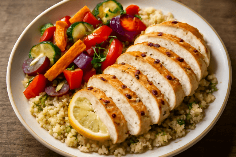 Frango Grelhado com Quinoa e Legumes ao Forno