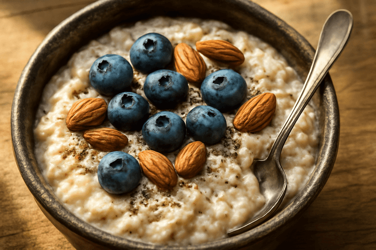 Proteinrik gröt med bär och mandlar