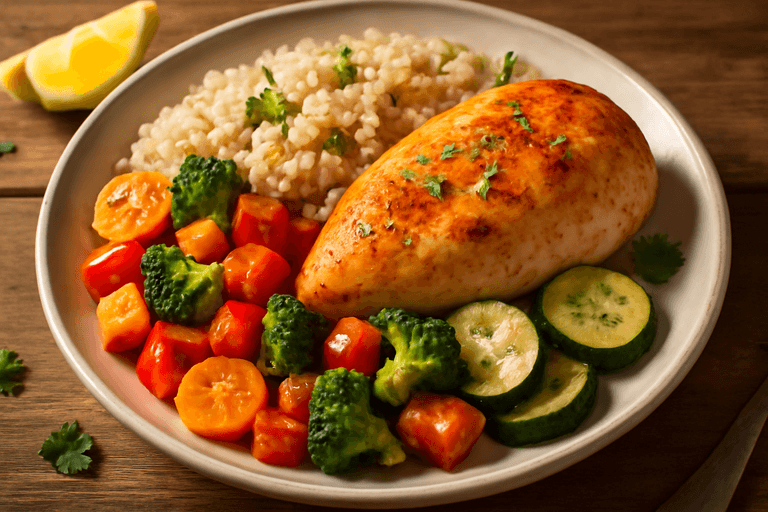 Kycklingfilé med rostade grönsaker och fullkornsris