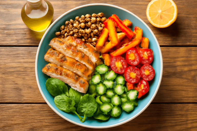 Färgstark kycklingsallad med linser och rostade grönsaker