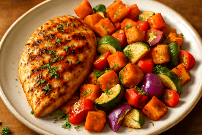 Kipfilet met Geroosterde Zoete Aardappel en Groenten