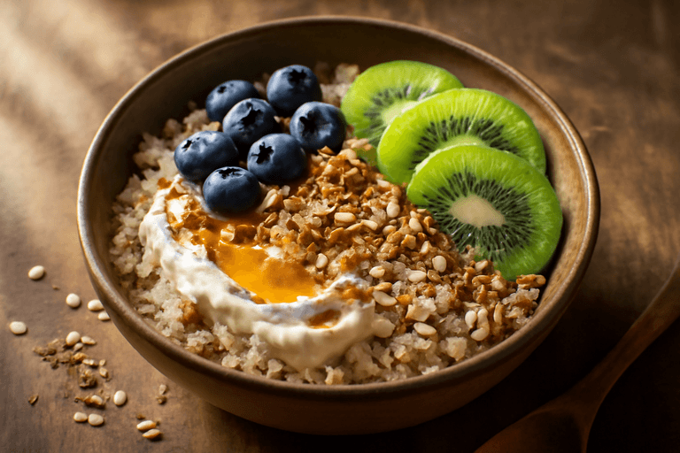 Bowl energizant de mic dejun cu quinoa și iaurt grecesc