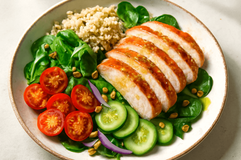 Proteinrik kycklingsallad med quinoa och citronvinägrett