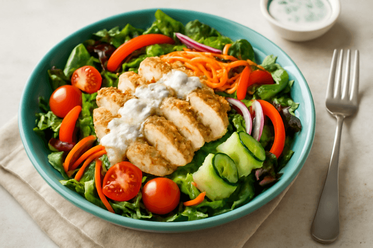 Salată de pui cu legume proaspete și dressing ușor de iaurt
