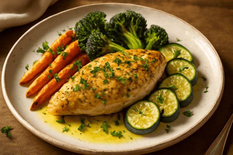 Poulet aux Herbes Légères et Légumes Rôtis