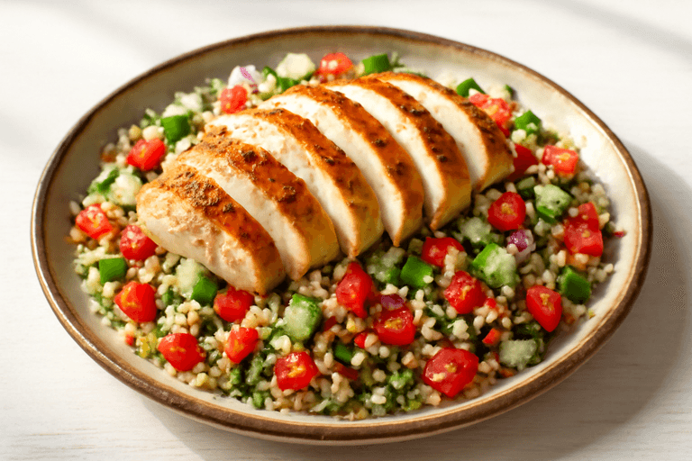 Κοτόπουλο σχάρας με μεσογειακή σαλάτα και κινόα