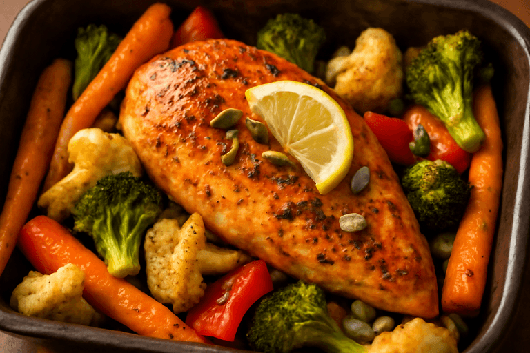 Ugnsbakad kycklingfilé med rostade grönsaker