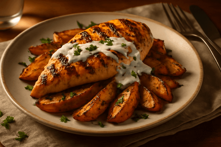Pollo alla Griglia con Patate Rustiche e Salsa di Yogurt