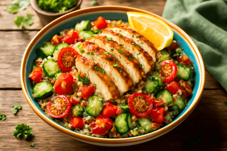 Salade de poulet grillé, quinoa et légumes croquants