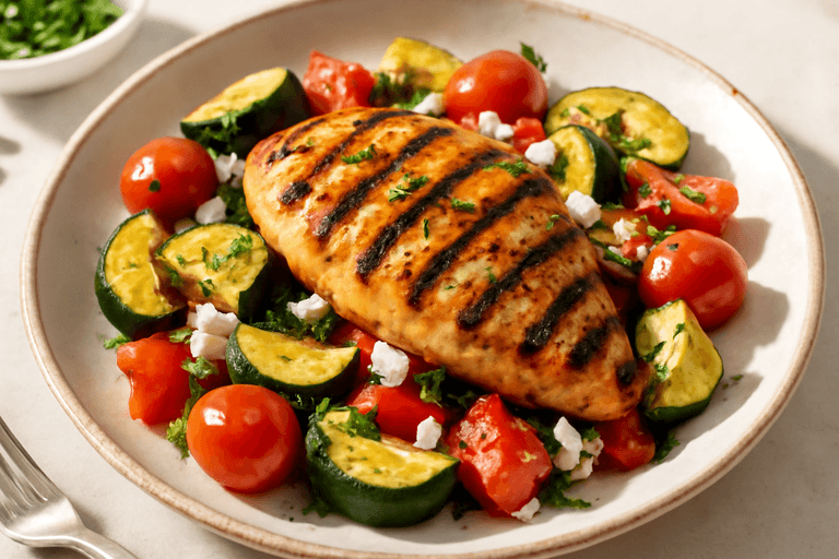 Poulet grillé à la méditerranéenne avec légumes rôtis