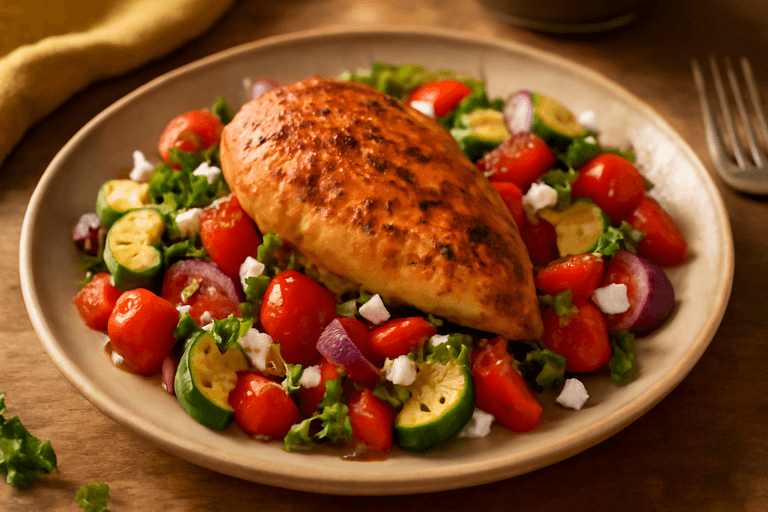 Mediterranes Hähnchenfilet mit gebratenem Gemüse