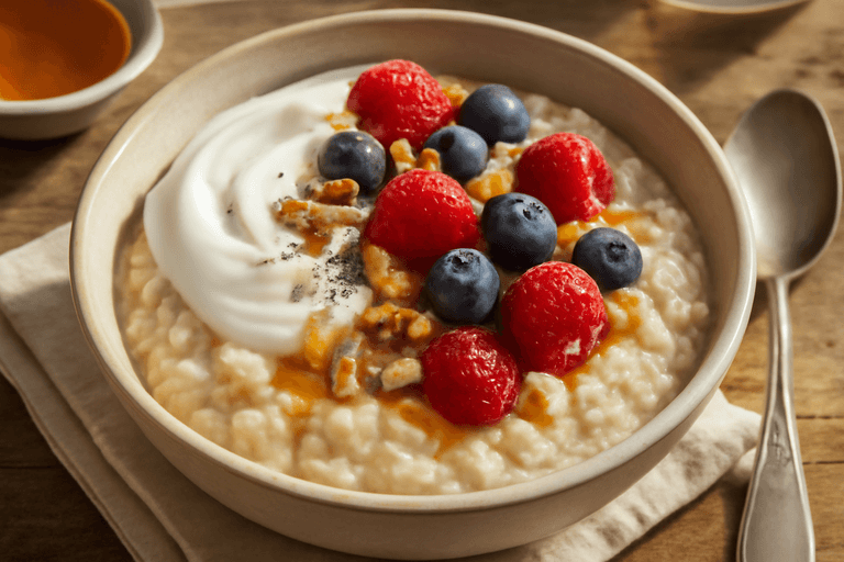 Klassisches Haferflocken-Frühstück mit Joghurt und Beeren
