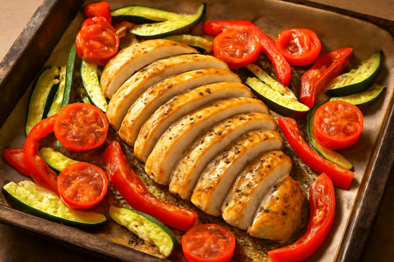 Piept de pui la cuptor cu legume mediteraneene