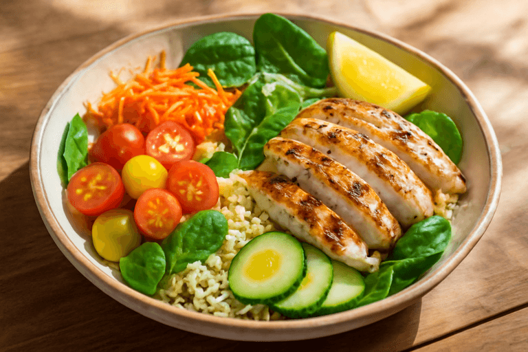 Ensalada clásica de pollo a la plancha con quinoa y vegetales frescos