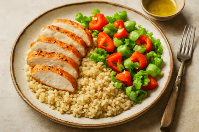 Pollo a la plancha con quinoa y ensalada fresca