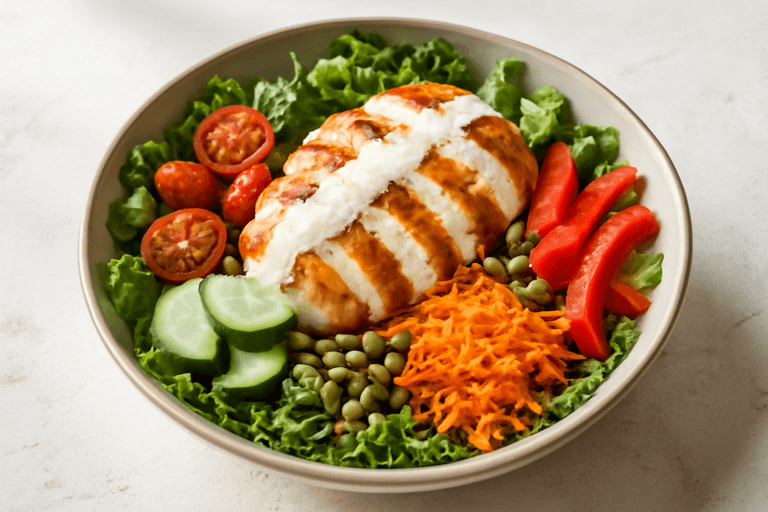 Salată clasică de pui cu legume proaspete și dressing ușor