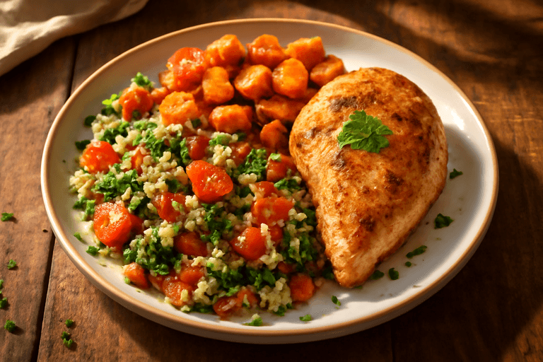 Saftig kycklingfilé med rostad sötpotatis och grönsaksquinoa