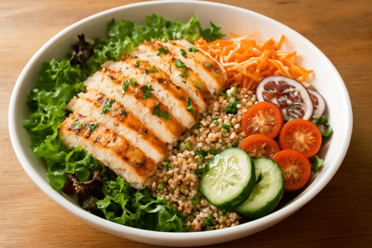 Ensalada energética de pollo a la plancha con quinoa y vegetales frescos