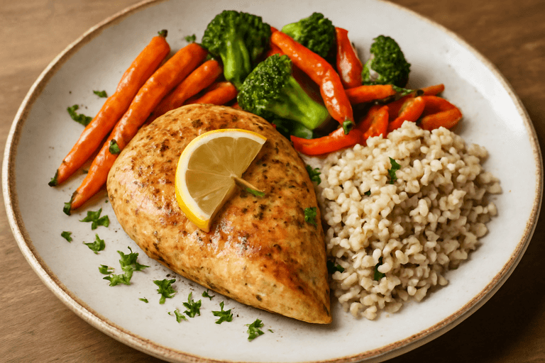 Klassieke Kipfilet met Geroosterde Groenten en Volkorenrijst