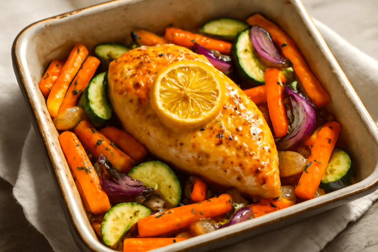 Poulet rôti au citron et légumes colorés