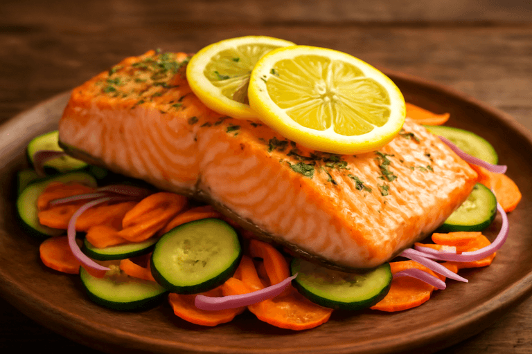 Ugnsbakad lax med dill och citron på en bädd av grönsaker