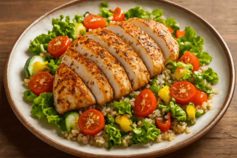 Piept de pui la grătar cu salată de quinoa și legume proaspete