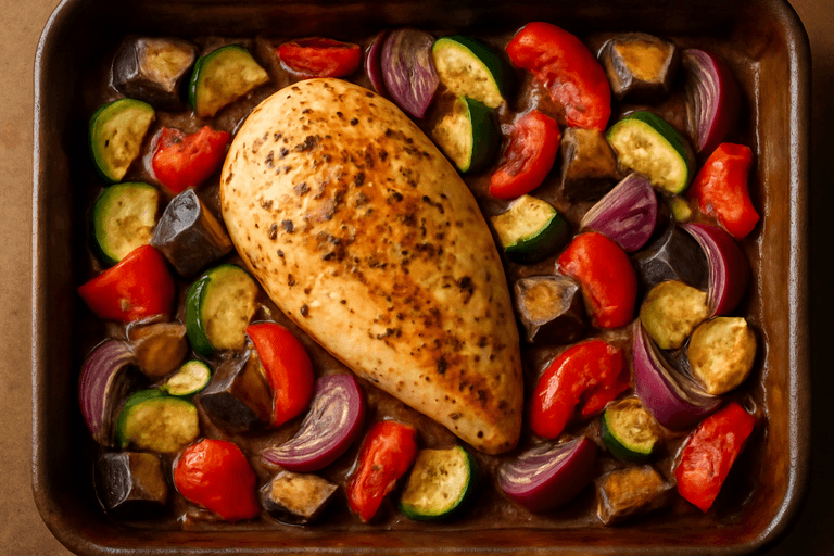 Pollo al horno con verduras mediterráneas