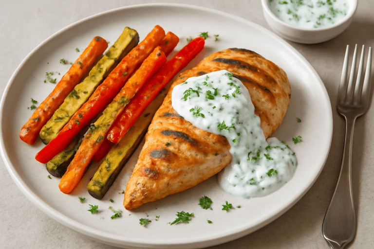 Lätt kycklingfilé med rostade grönsaker och örtsås