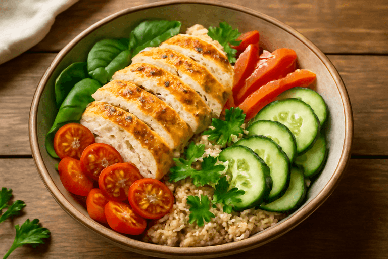 Ensalada de pollo a la plancha con quinoa y vegetales frescos