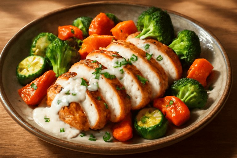 Piept de pui la grătar cu legume coapte și dressing de iaurt