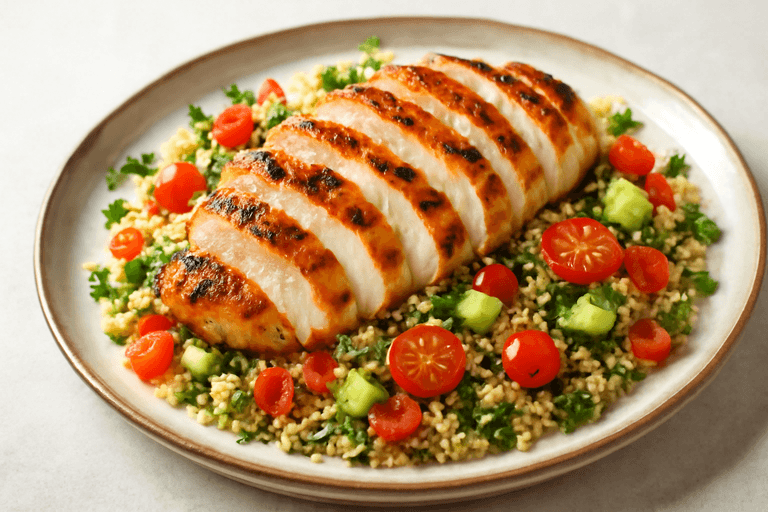 Piept de pui la grătar cu salată de quinoa și legume proaspete