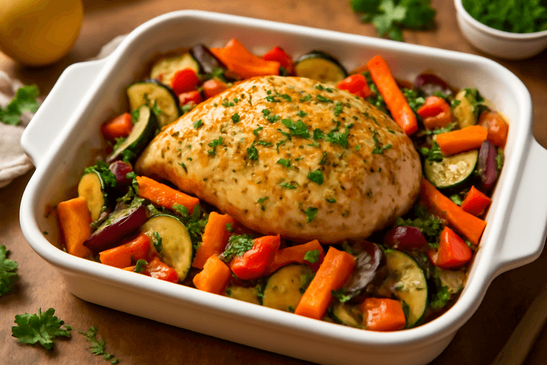 Pollo al Horno con Verduras Asadas y Hierbas Mediterráneas