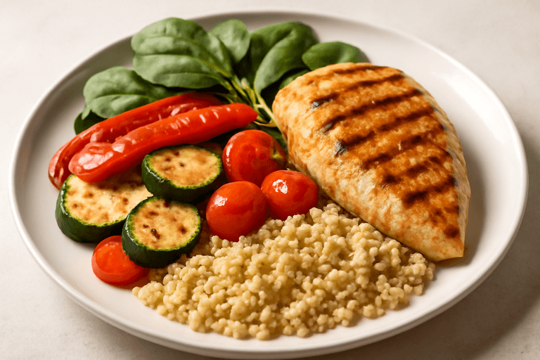 Grillowana pierś z kurczaka z warzywami i kaszą bulgur