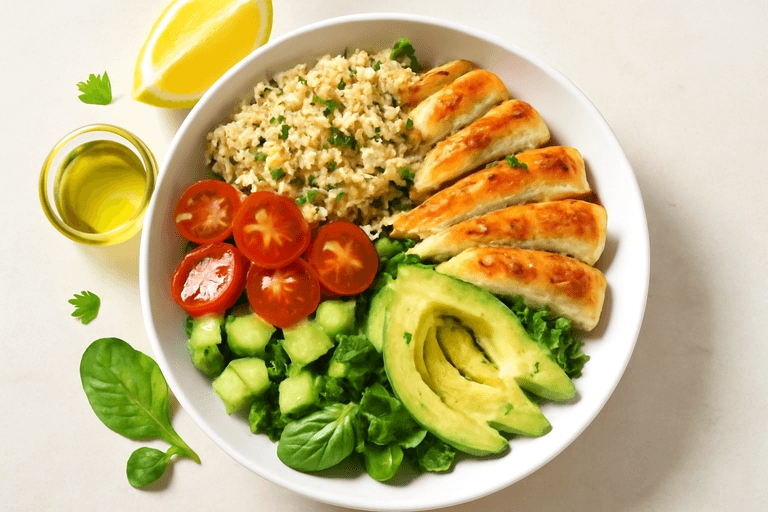 Leichter Hähnchen-Quinoa-Bowl mit frischem Gemüse