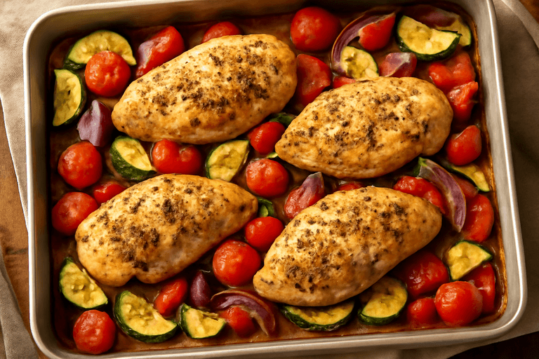 Pollo al horno con vegetales mediterráneos