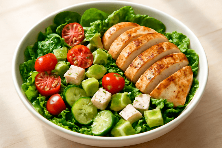 Salată clasică cu piept de pui la grătar și legume proaspete