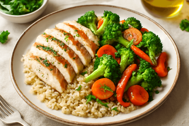 Piept de pui la grătar cu legume sote și orez integral