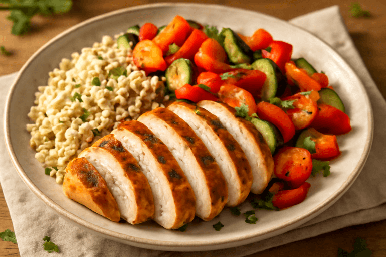 Piept de pui la grătar cu legume sote și orez brun