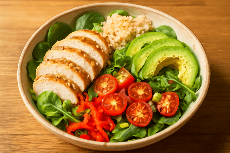 Lätt kycklingsallad med quinoa och färska grönsaker