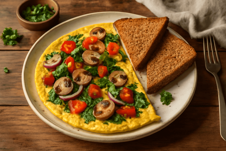 Herzhaftes Gemüse-Omelett mit Vollkornbrot