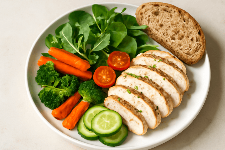 Kyllingsalat med ovnsbakte grønnsaker og fullkornsbrød