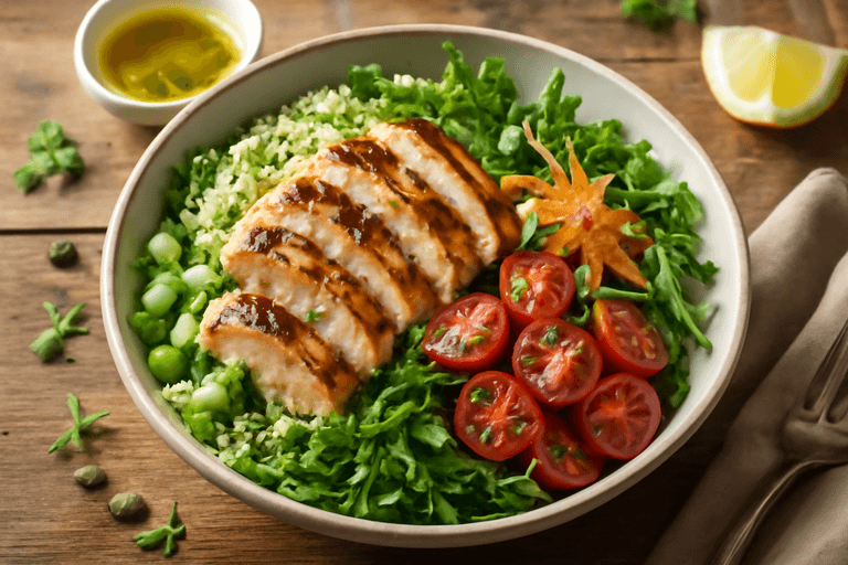 Salade de poulet grillé, quinoa et légumes croquants