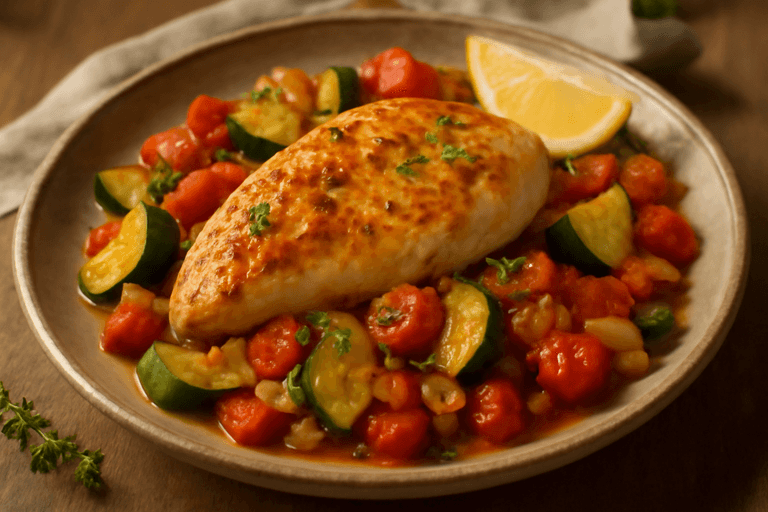 Saftiges Hähnchenbrustfilet mit mediterranem Gemüse